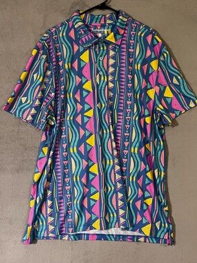 chubbies Short Sleeve Polo Shirt in Teal, Pink & Yellow Geometric Print Mens XXL